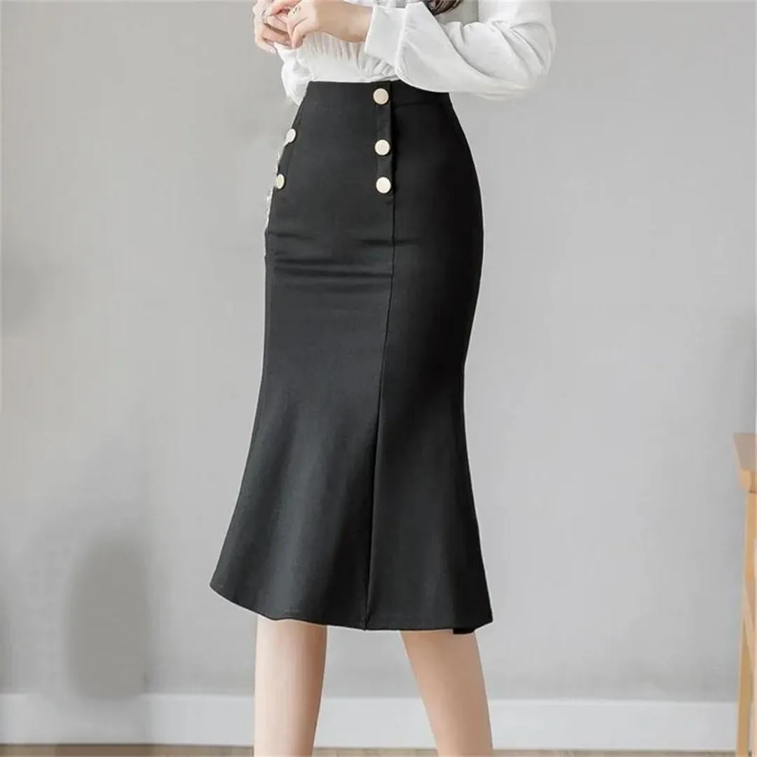 Women Winter Fashion Button High Waist Long Sexy Skirts Elegant Korean Office Midi Skirt