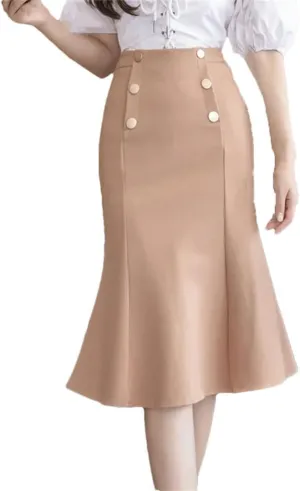 Women Winter Fashion Button High Waist Long Sexy Skirts Elegant Korean Office Midi Skirt
