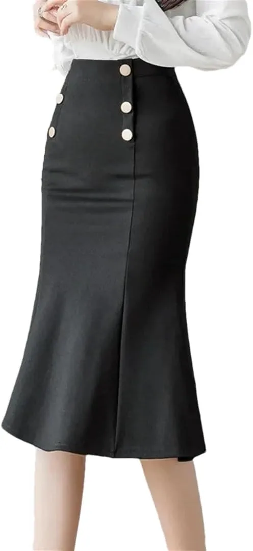 Women Winter Fashion Button High Waist Long Sexy Skirts Elegant Korean Office Midi Skirt