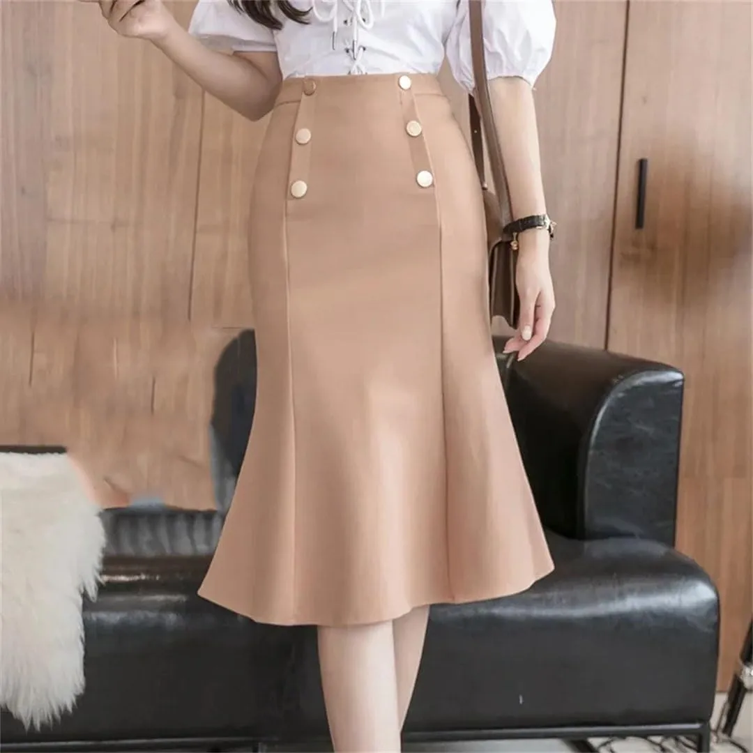 Women Winter Fashion Button High Waist Long Sexy Skirts Elegant Korean Office Midi Skirt
