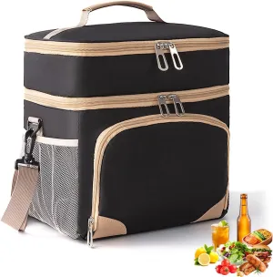Women/Men Double Deck Reusable Insulated Lunch Box Leak-Proof Cooler Lunch Bag with Adjustable Shoulder Strap for Work Picnic Travel Hiking Beach 16 L-Black