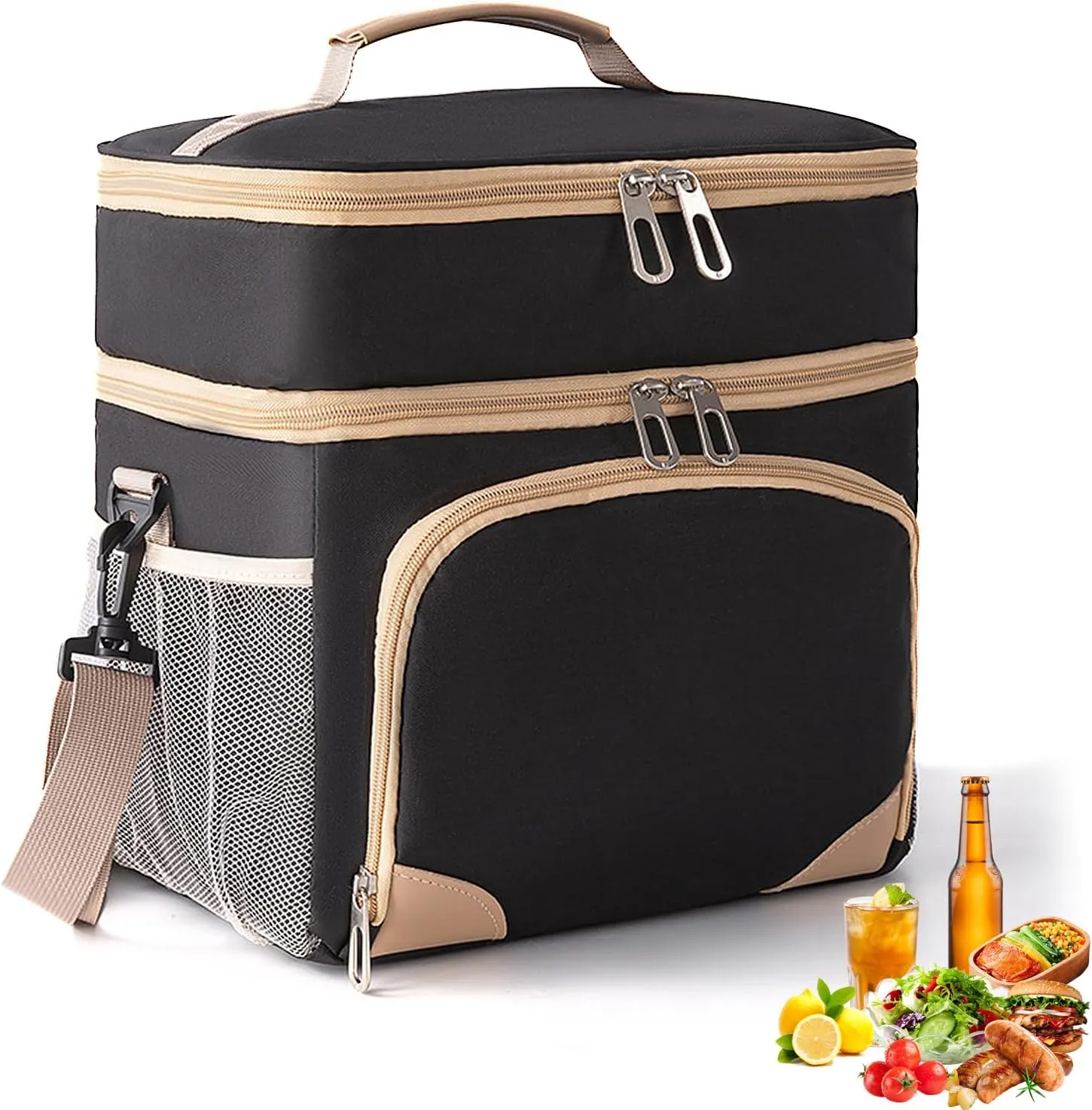 Women/Men Double Deck Reusable Insulated Lunch Box Leak-Proof Cooler Lunch Bag with Adjustable Shoulder Strap for Work Picnic Travel Hiking Beach 16 L-Black
