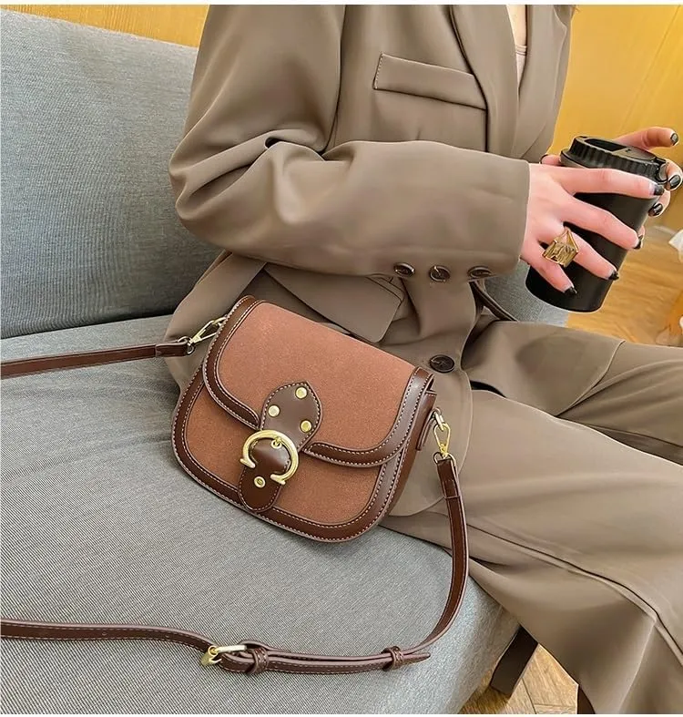 Women's bag frosted saddle bag underarm bag shoulder crossbody bag(Brown)