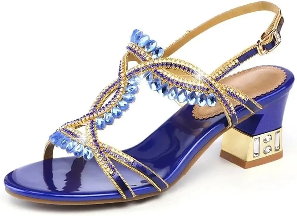 Womens Buckle Strap Back Strap Square Heel Open Side Vamp Basic Sandals Leather Rhinestone High Heel Wedding Rome Summer Sandals