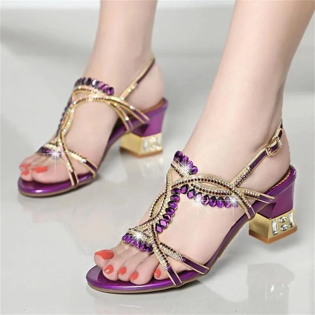 Womens Buckle Strap Back Strap Square Heel Open Side Vamp Basic Sandals Leather Rhinestone High Heel Wedding Rome Summer Sandals