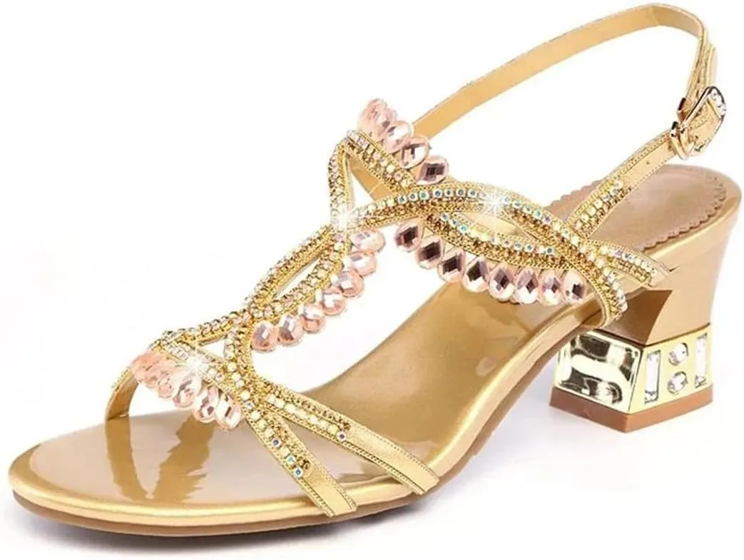 Womens Buckle Strap Back Strap Square Heel Open Side Vamp Basic Sandals Leather Rhinestone High Heel Wedding Rome Summer Sandals