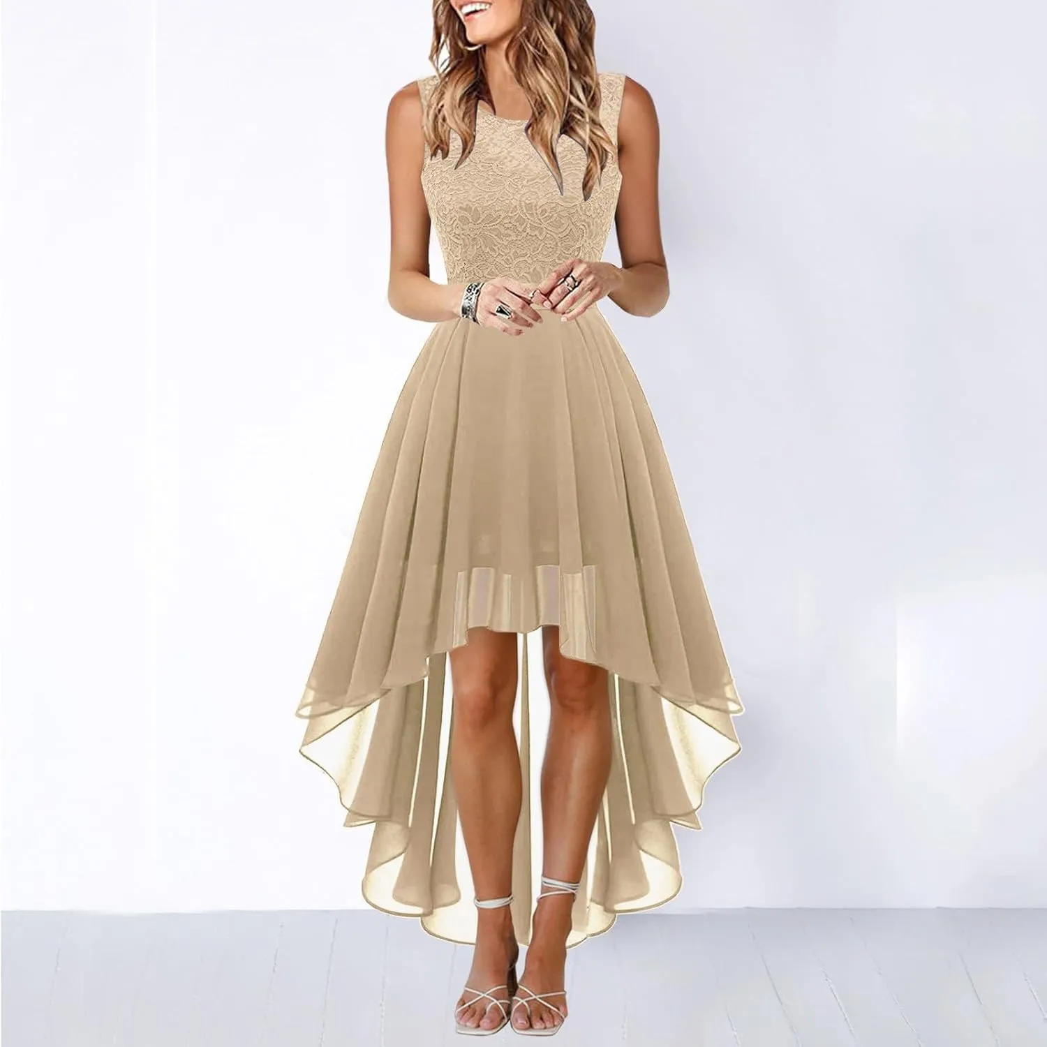 Women's Cocktail Dresses 2025 Trendy Elegant Lace Ruffle Hem Chiffon Dress Wedding Guest Evening Party Bridesmaid Dress