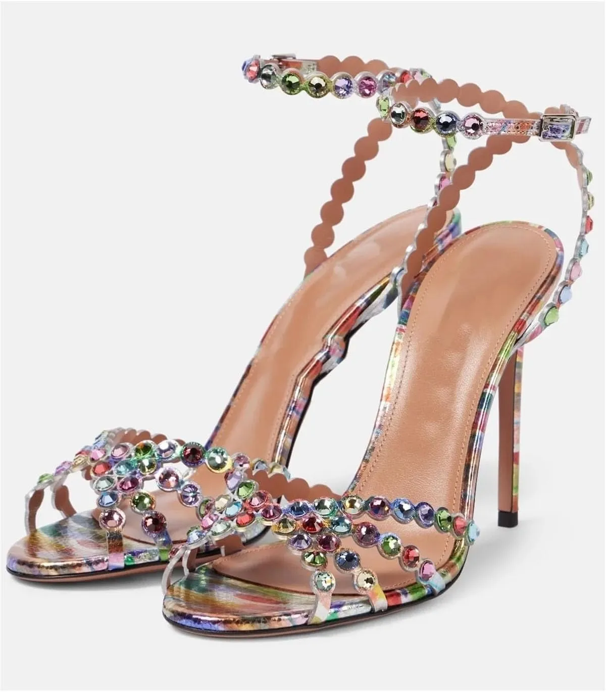 Women's Crystal Leather Sandals - Strappy Thin Heel Runway Dress Shoes
