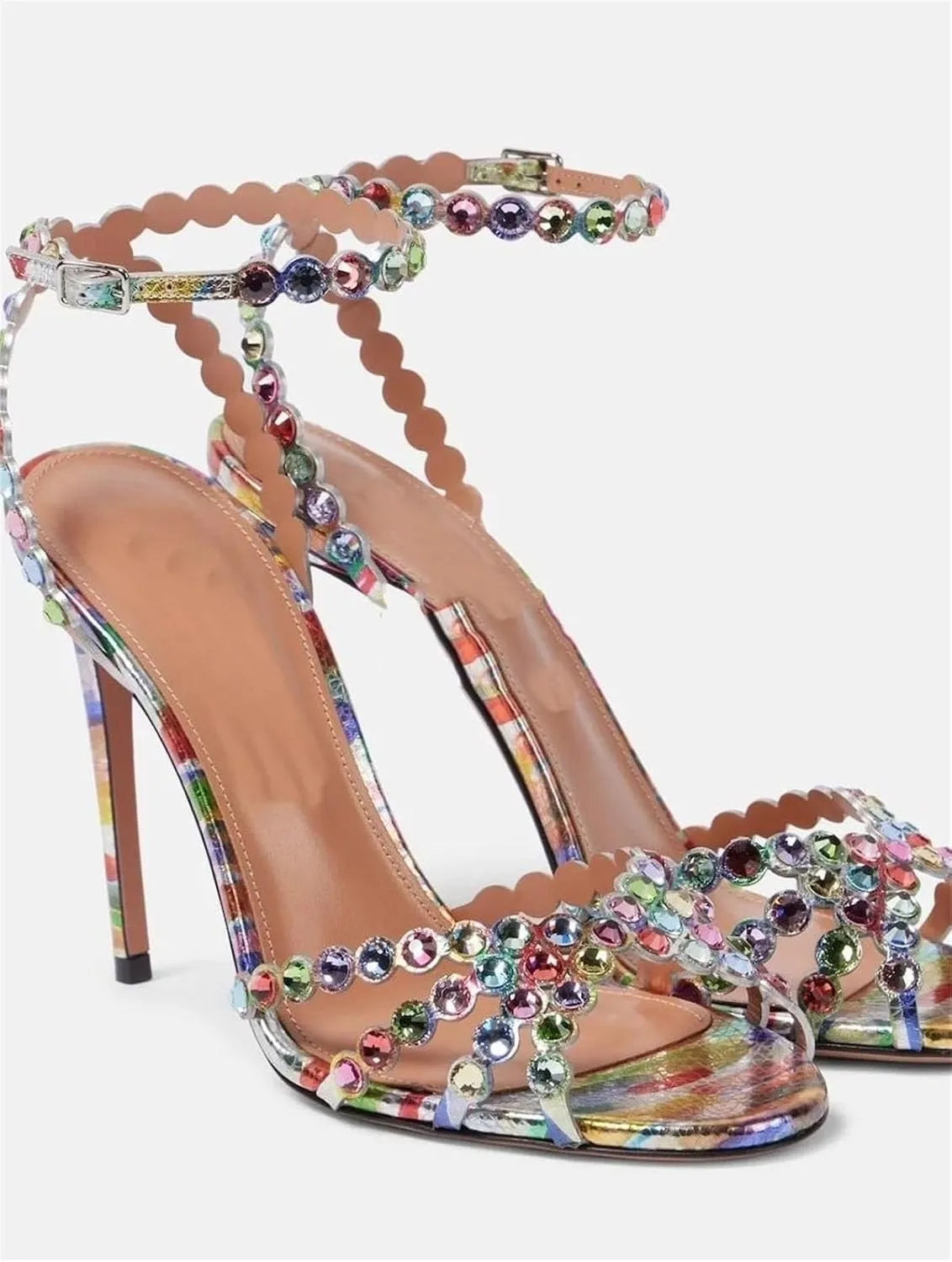 Women's Crystal Leather Sandals - Strappy Thin Heel Runway Dress Shoes