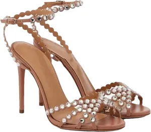 Women's Crystal Leather Sandals - Strappy Thin Heel Runway Dress Shoes