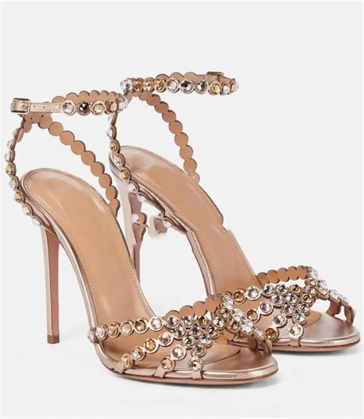 Women's Crystal Leather Sandals - Strappy Thin Heel Runway Dress Shoes