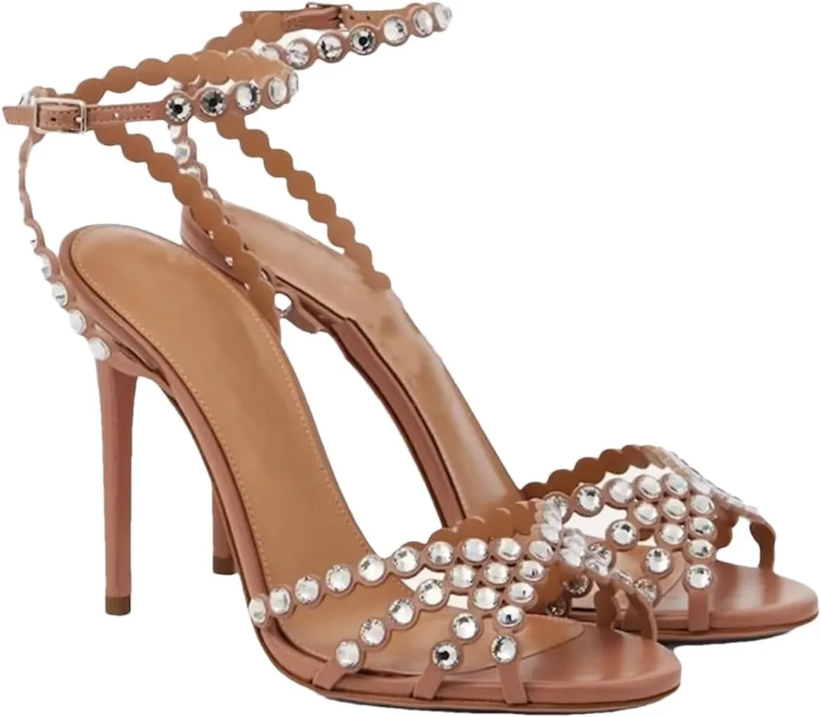 Women's Crystal Leather Sandals - Strappy Thin Heel Runway Dress Shoes