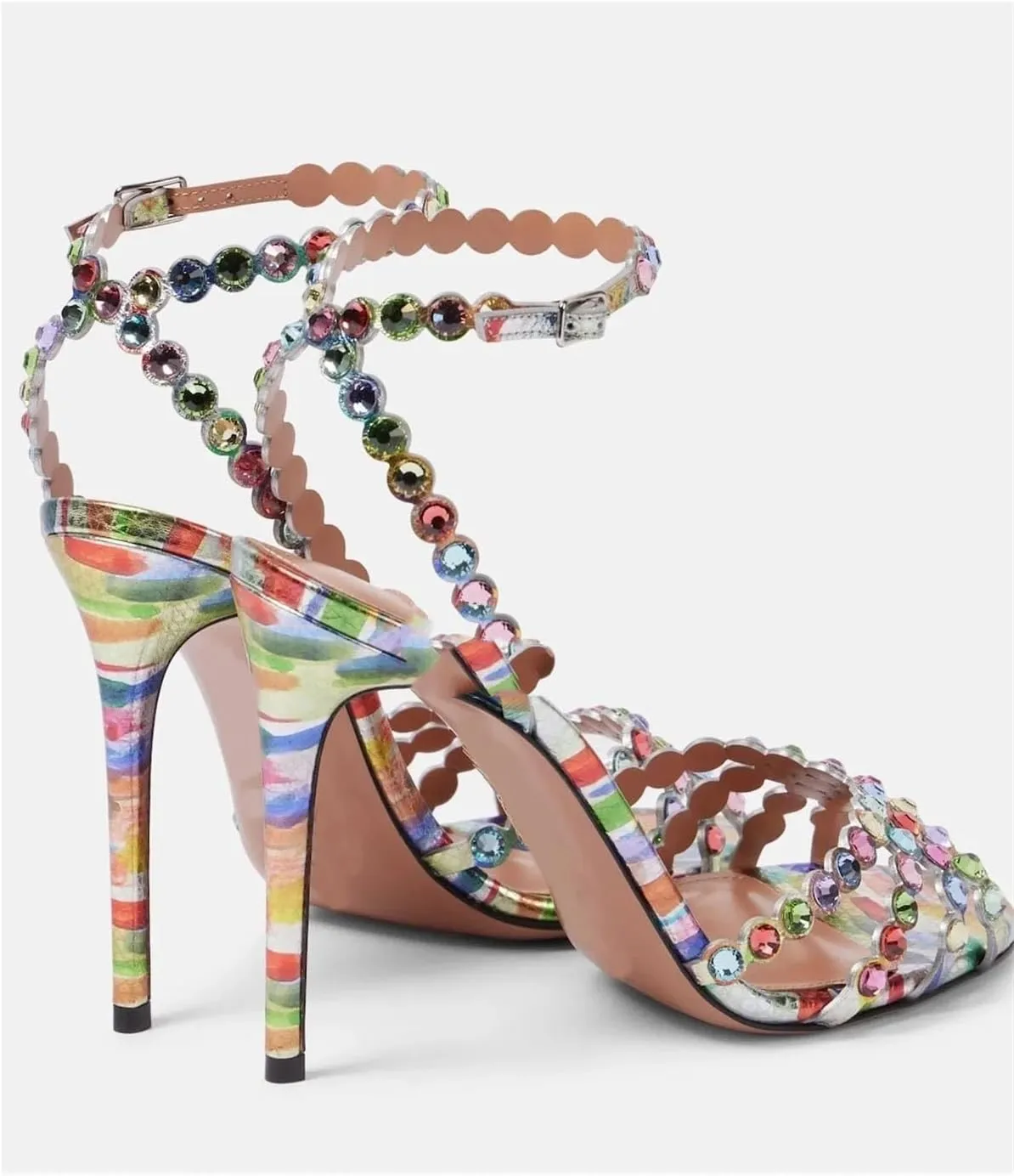 Women's Crystal Leather Sandals - Strappy Thin Heel Runway Dress Shoes