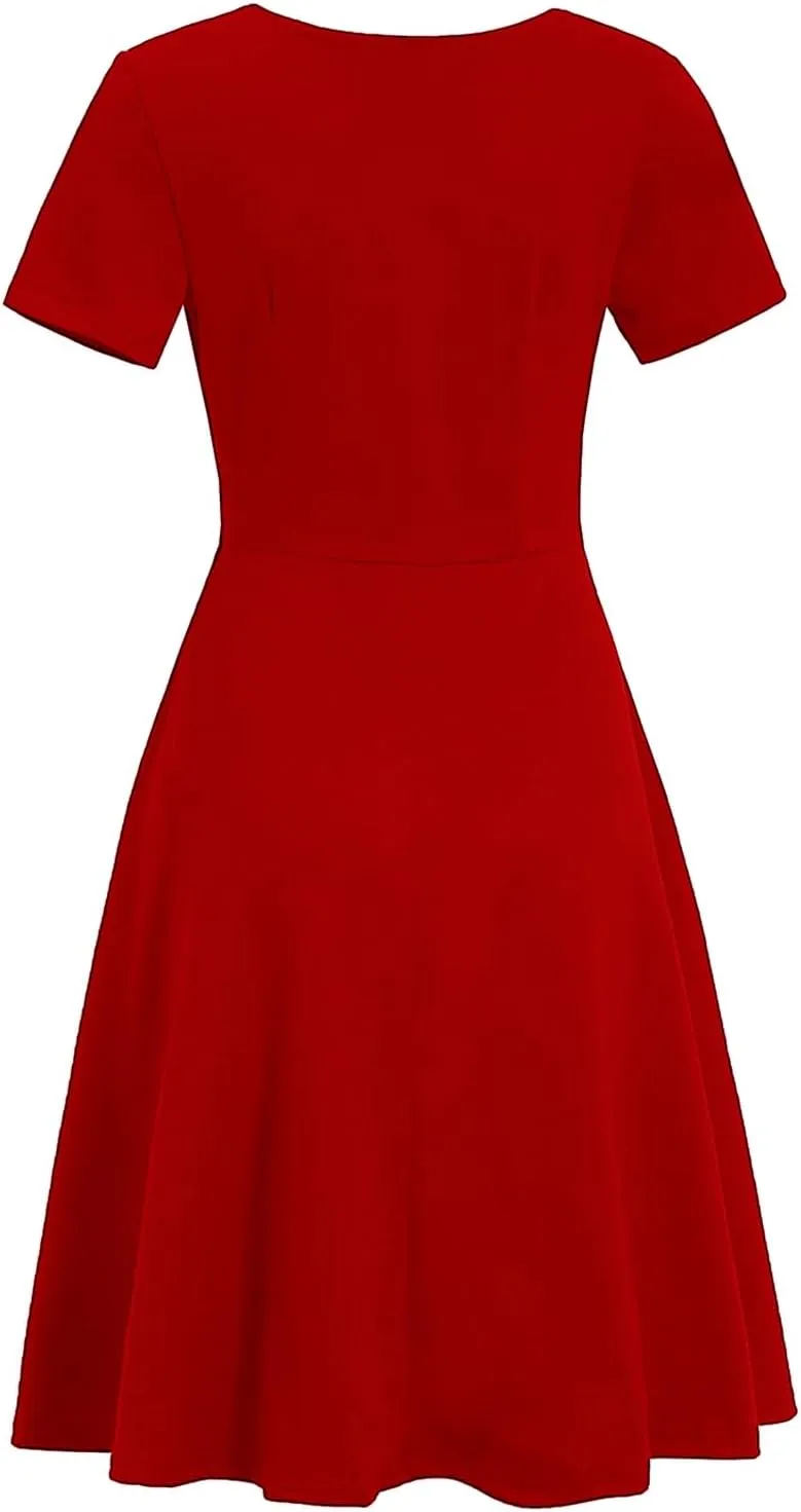 Women's Elegant Criss-Cross V Neck Vintage Short Sleeve Work Casual Fit and Flare Tea Dress with Pockets 980
