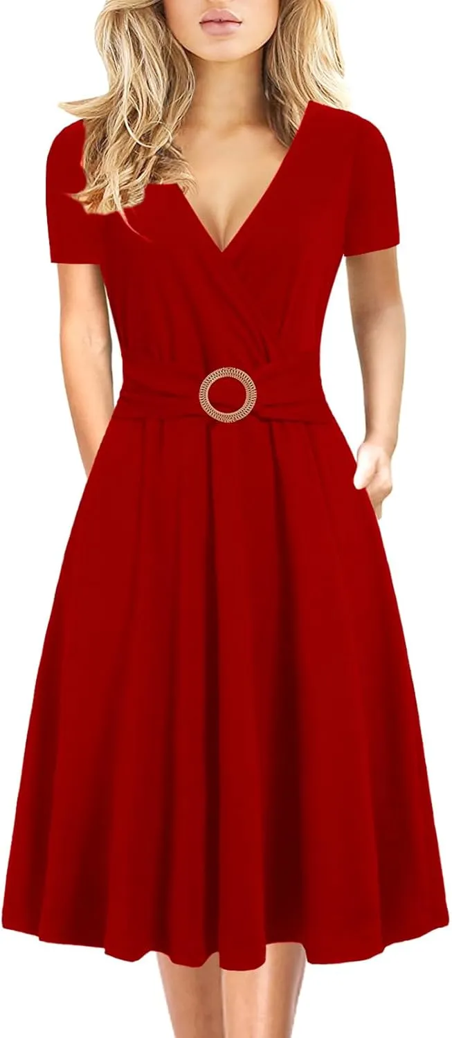 Women's Elegant Criss-Cross V Neck Vintage Short Sleeve Work Casual Fit and Flare Tea Dress with Pockets 980
