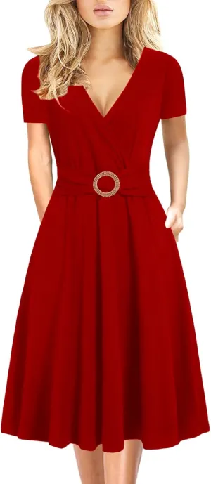Women's Elegant Criss-Cross V Neck Vintage Short Sleeve Work Casual Fit and Flare Tea Dress with Pockets 980