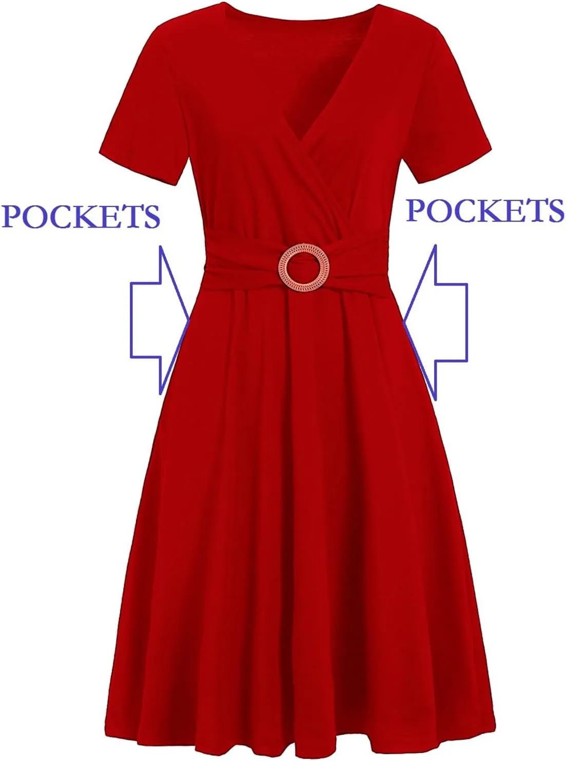 Women's Elegant Criss-Cross V Neck Vintage Short Sleeve Work Casual Fit and Flare Tea Dress with Pockets 980