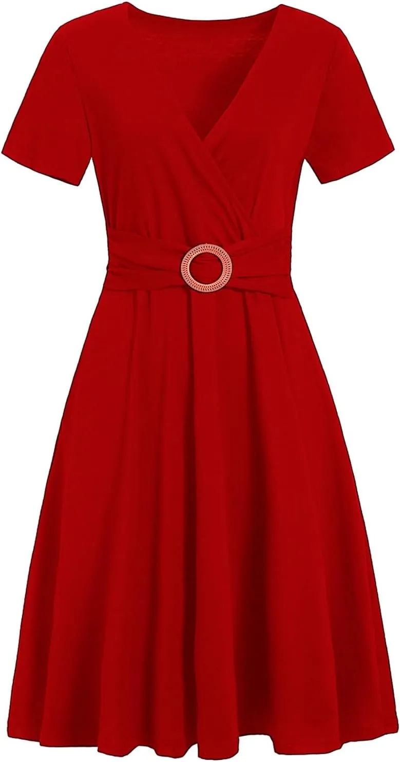 Women's Elegant Criss-Cross V Neck Vintage Short Sleeve Work Casual Fit and Flare Tea Dress with Pockets 980