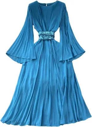 Women's Elegant Pleated Flared Long Sleeved Chiffon Vacation Dress Spring Summer Party Birthday Gown Dress