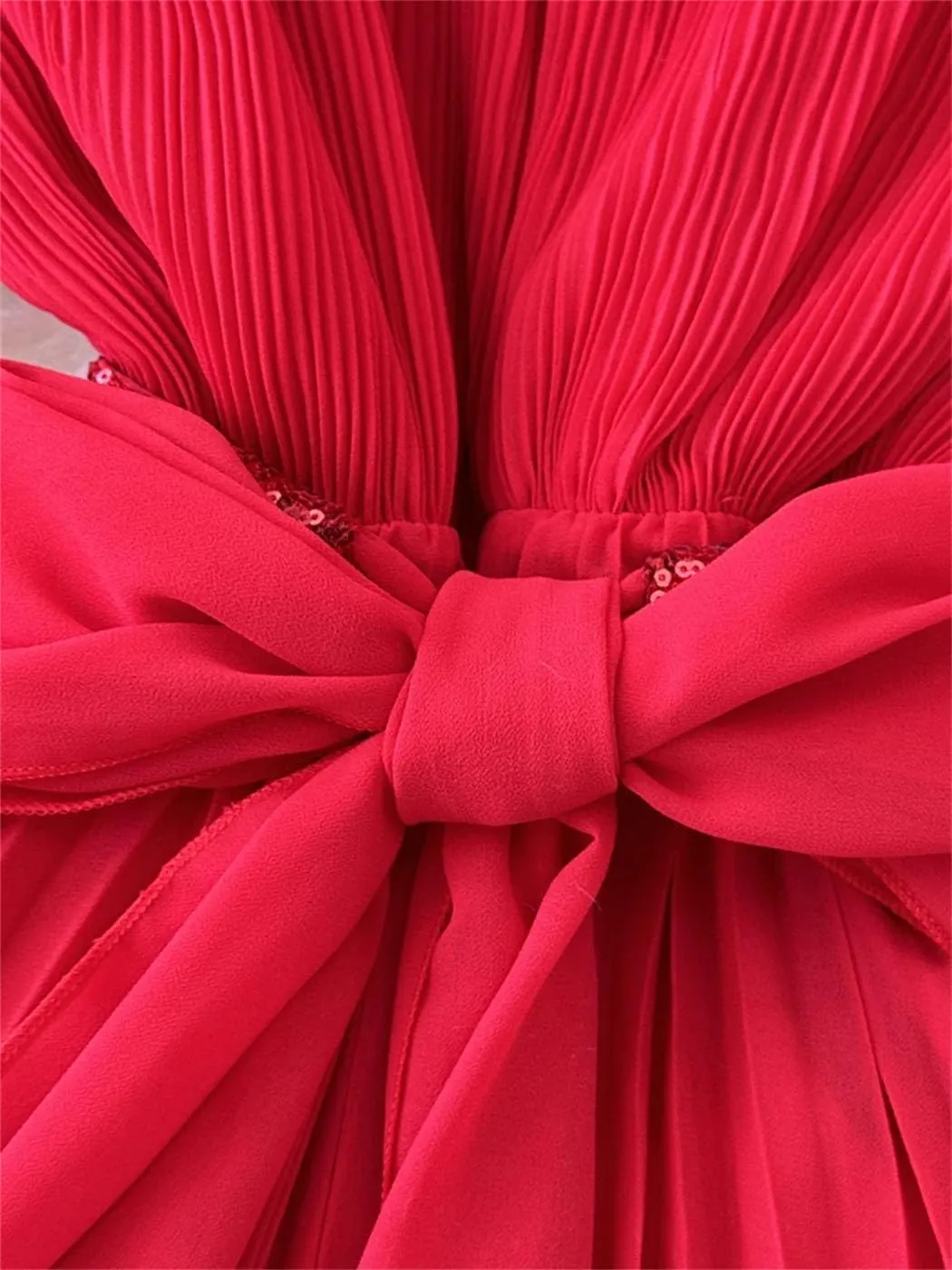 Women's Elegant Pleated Flared Long Sleeved Chiffon Vacation Dress Spring Summer Party Birthday Gown Dress