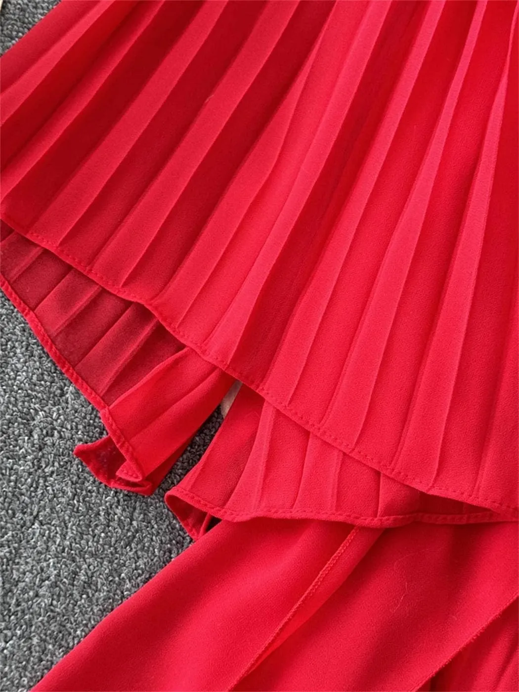 Women's Elegant Pleated Flared Long Sleeved Chiffon Vacation Dress Spring Summer Party Birthday Gown Dress