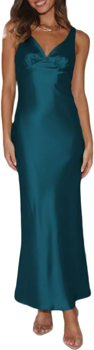 Womens Elegant Satin V Neck Backless Sleeveless Maxi Dress Silk Tie Low Back Formal Cocktail Dresses Wedding Guest