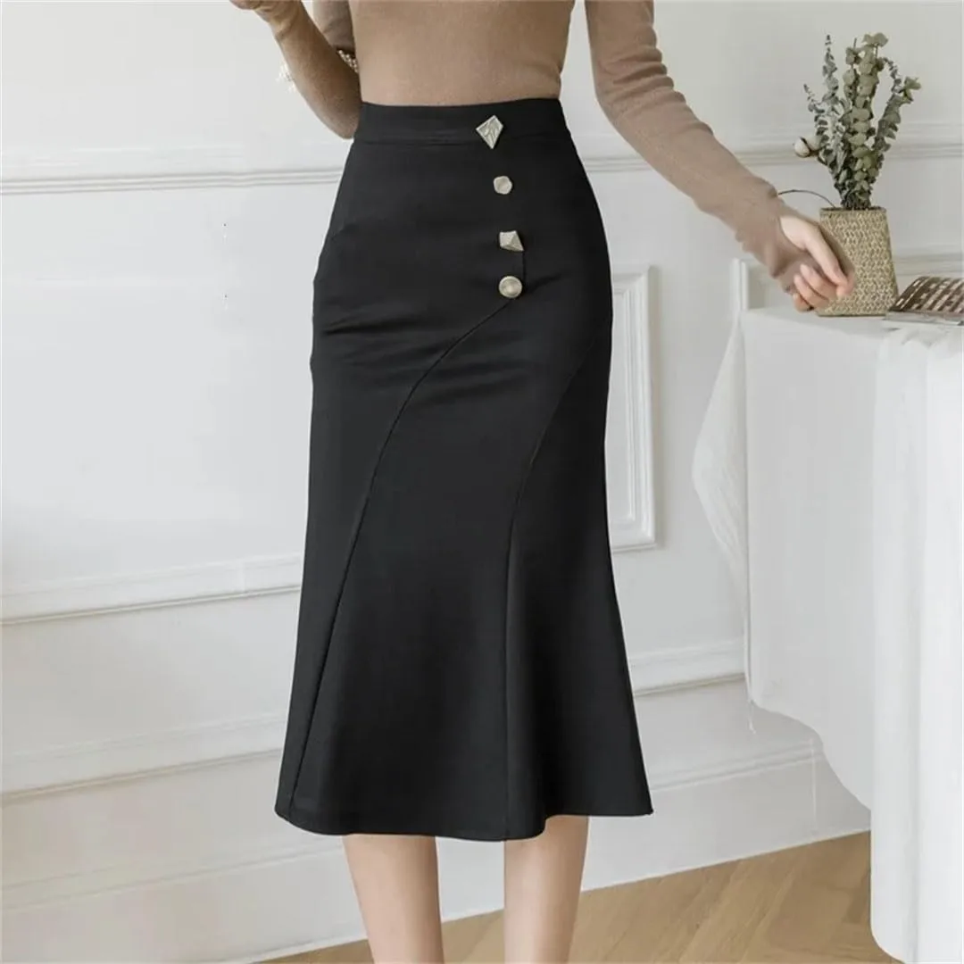 Womens Fashion High Waist Long Black Skirts Korean Elegant Office Skirt