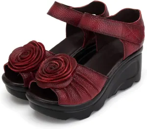 Womens Flower Genuine Leather High Heel Wedge Sandals with Hook Loop Open Toe Comfortable Casual Summer Platforms High Heel Sandal for Party Dinner Holiday