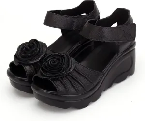Womens Flower Genuine Leather High Heel Wedge Sandals with Hook Loop Open Toe Comfortable Casual Summer Platforms High Heel Sandal for Party Dinner Holiday