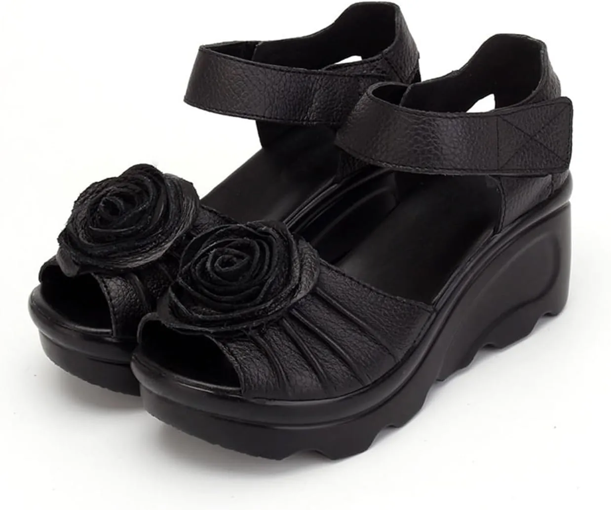 Womens Flower Genuine Leather High Heel Wedge Sandals with Hook Loop Open Toe Comfortable Casual Summer Platforms High Heel Sandal for Party Dinner Holiday