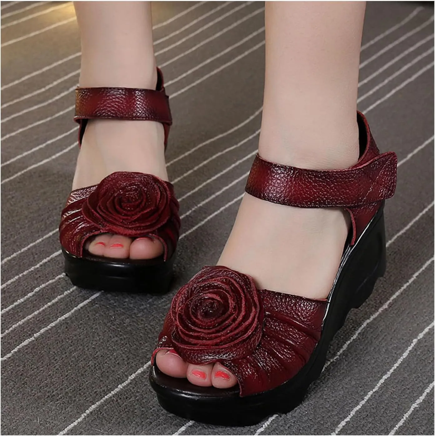 Womens Flower Genuine Leather High Heel Wedge Sandals with Hook Loop Open Toe Comfortable Casual Summer Platforms High Heel Sandal for Party Dinner Holiday