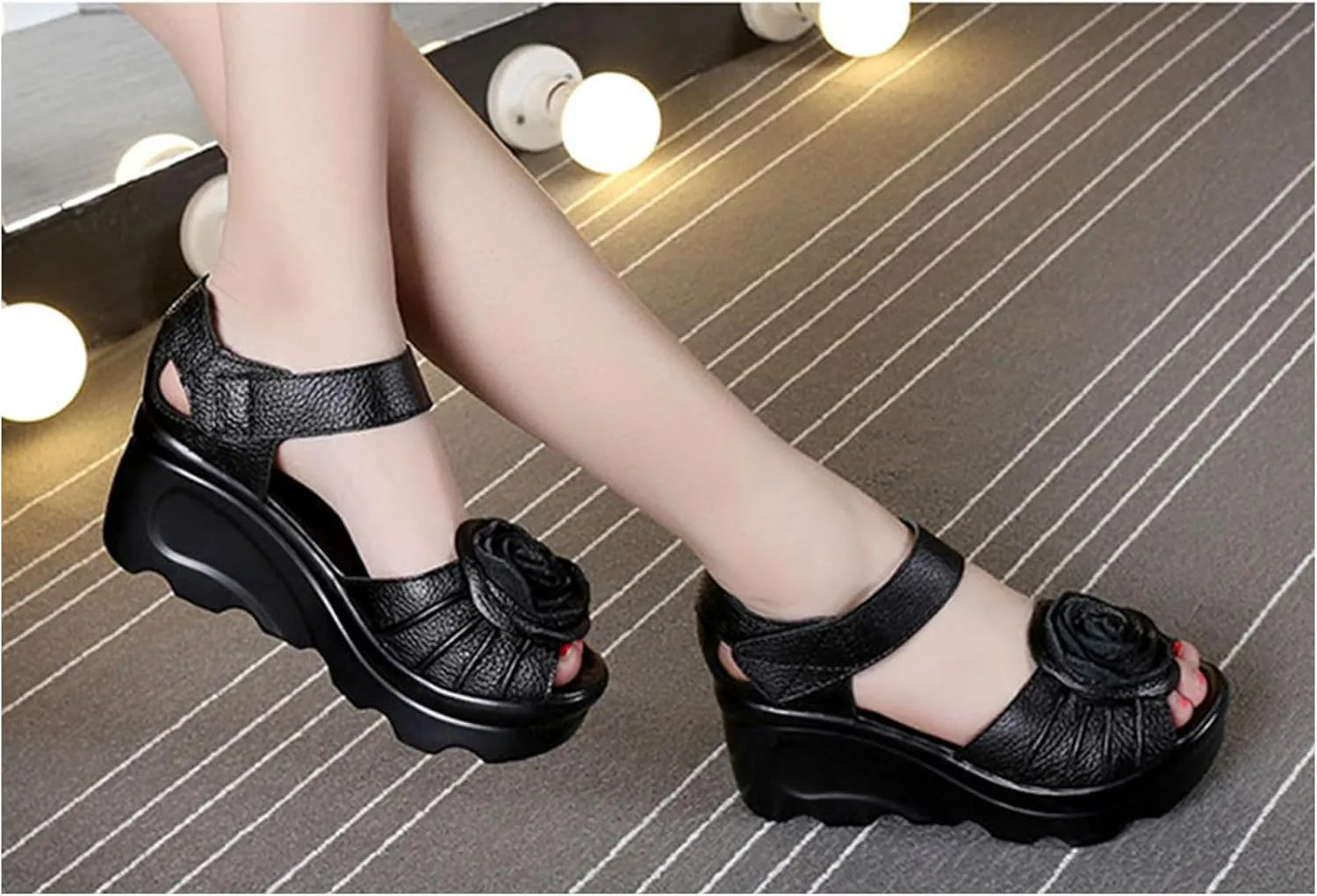 Womens Flower Genuine Leather High Heel Wedge Sandals with Hook Loop Open Toe Comfortable Casual Summer Platforms High Heel Sandal for Party Dinner Holiday