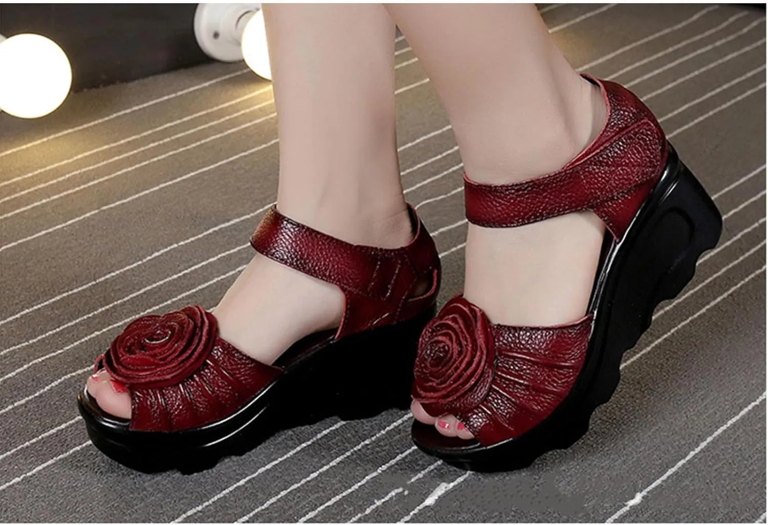 Womens Flower Genuine Leather High Heel Wedge Sandals with Hook Loop Open Toe Comfortable Casual Summer Platforms High Heel Sandal for Party Dinner Holiday