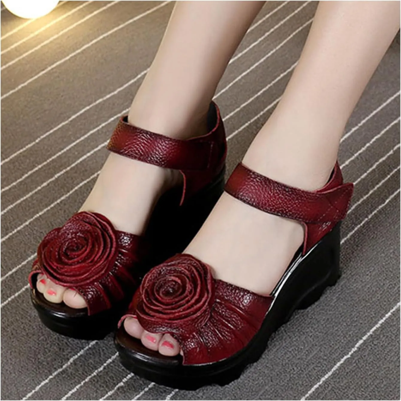 Womens Flower Genuine Leather High Heel Wedge Sandals with Hook Loop Open Toe Comfortable Casual Summer Platforms High Heel Sandal for Party Dinner Holiday