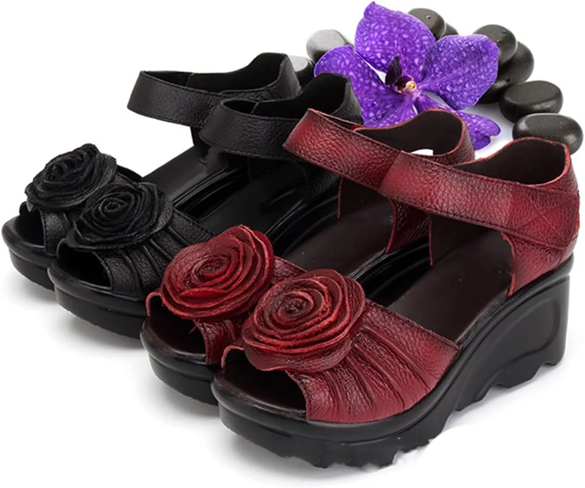 Womens Flower Genuine Leather High Heel Wedge Sandals with Hook Loop Open Toe Comfortable Casual Summer Platforms High Heel Sandal for Party Dinner Holiday