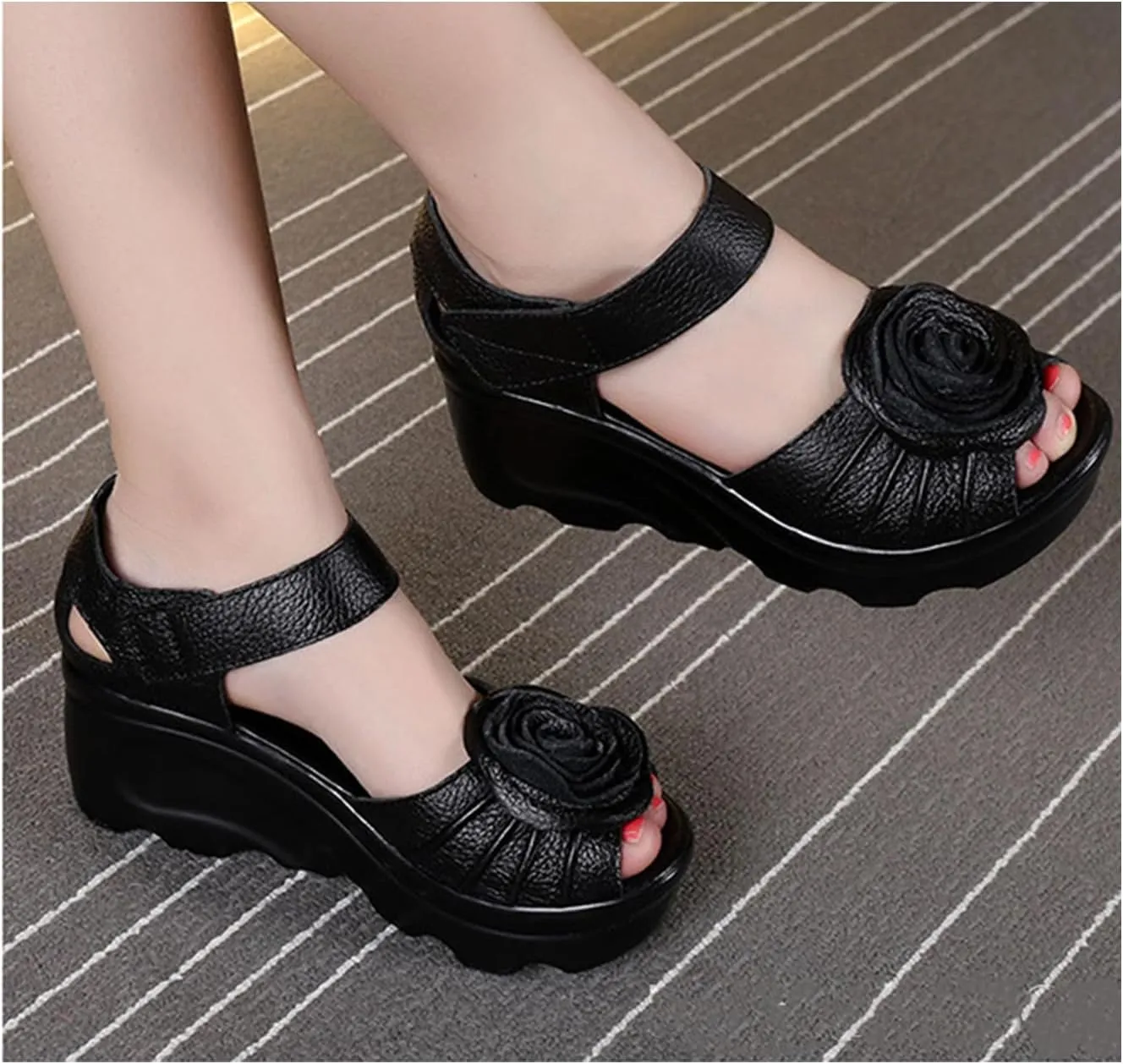 Womens Flower Genuine Leather High Heel Wedge Sandals with Hook Loop Open Toe Comfortable Casual Summer Platforms High Heel Sandal for Party Dinner Holiday