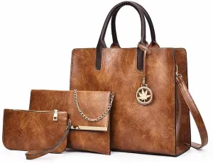 Women's Handbags Women Composite Bag Women Handbag Set 3 PCS Fashion PU Leather Handbag Solid Color Messenger Shoulder Bag Female Wallet Bag(Brown)