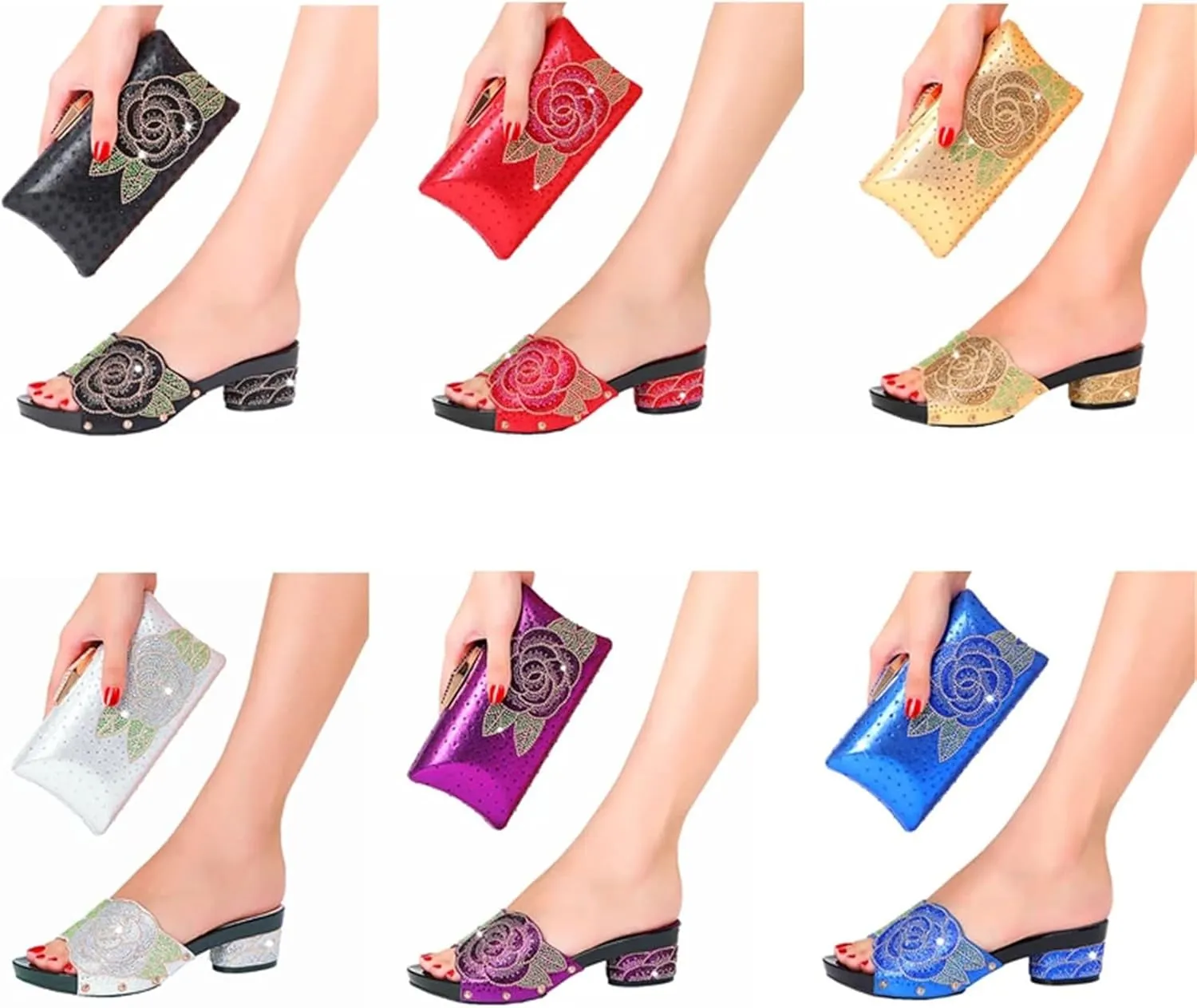 Womens Italian Design Luxury Evening Shoe Bag Suit Rhinestone Dinner Clutch Flat Heel Plus Size Slippers