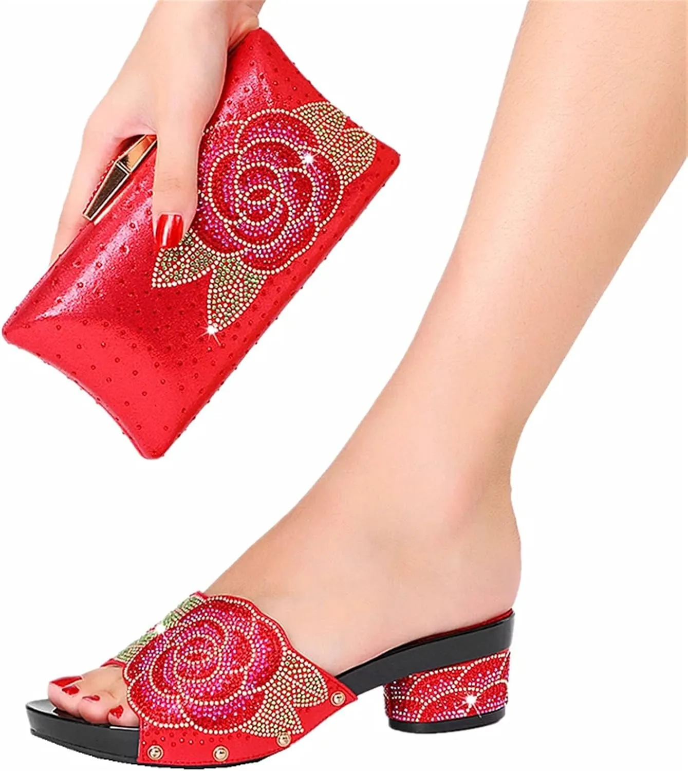 Womens Italian Design Luxury Evening Shoe Bag Suit Rhinestone Dinner Clutch Flat Heel Plus Size Slippers