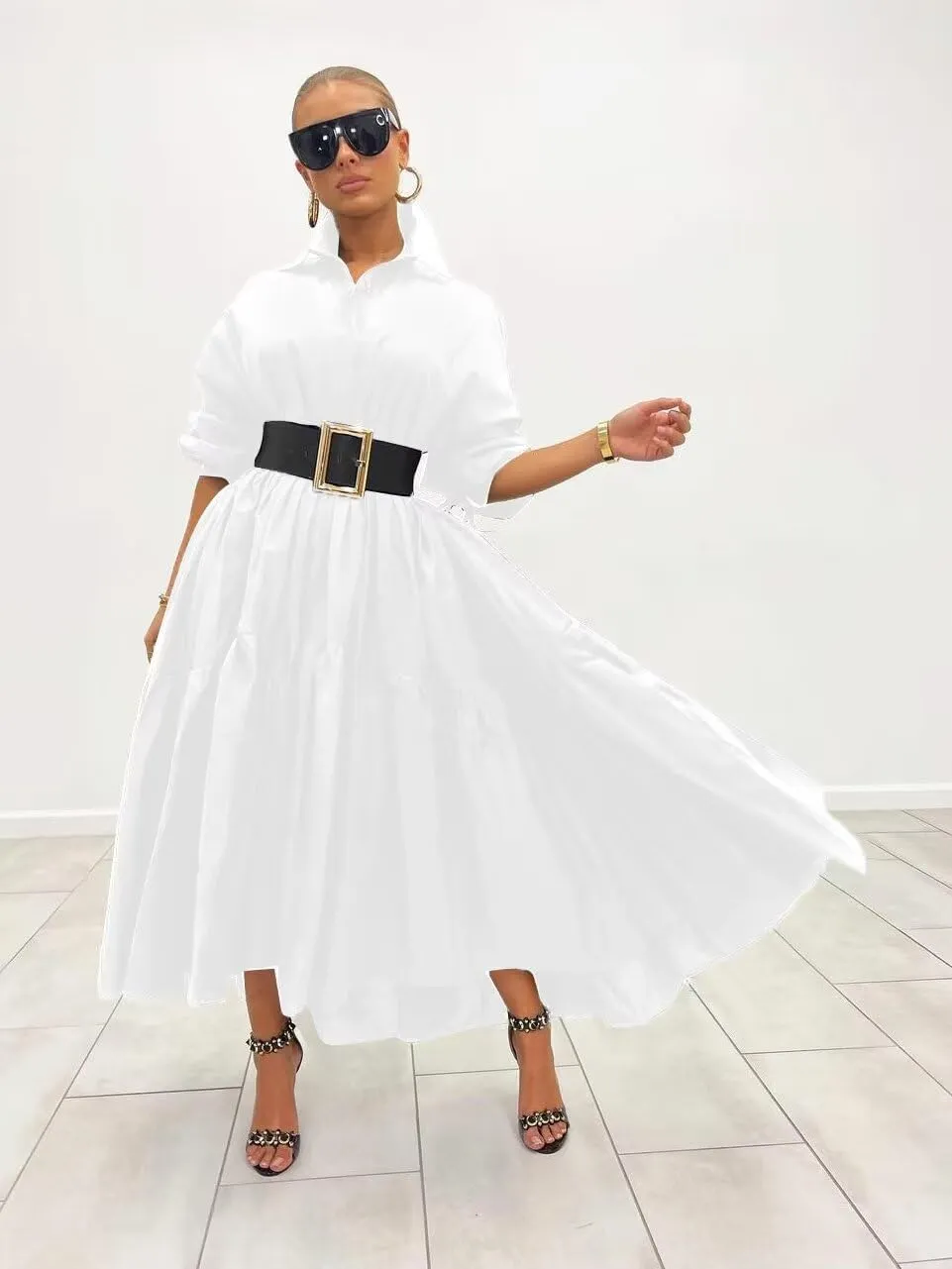 Women's Long Sleeve Maxi Shirt Dress Elegant Button Down Loose Swing Party Dress