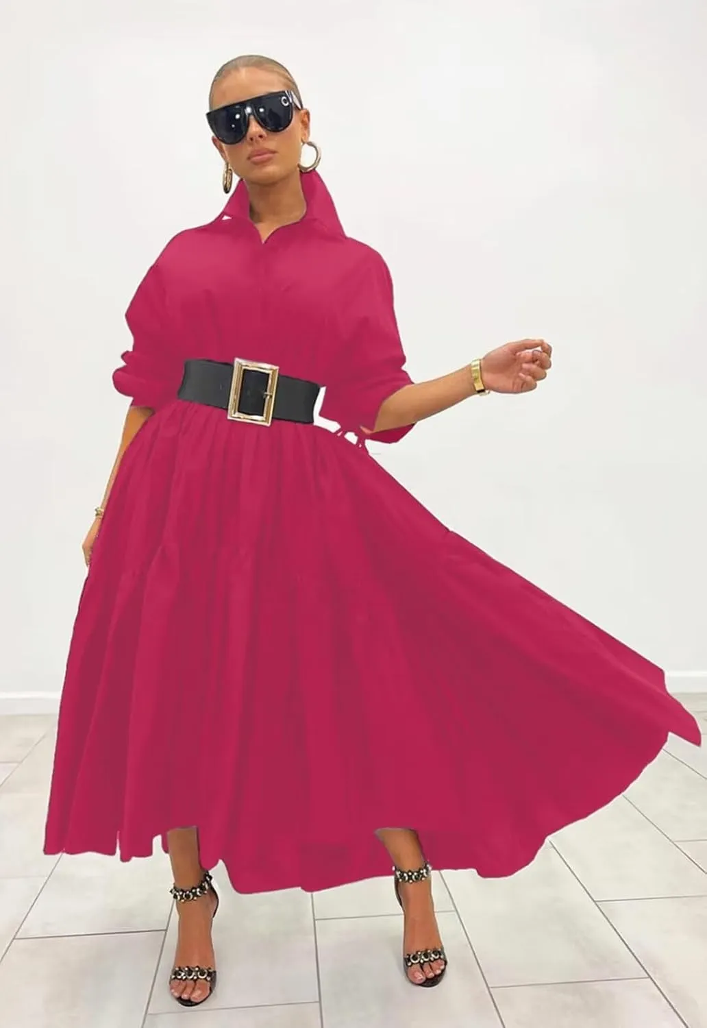 Women's Long Sleeve Maxi Shirt Dress Elegant Button Down Loose Swing Party Dress