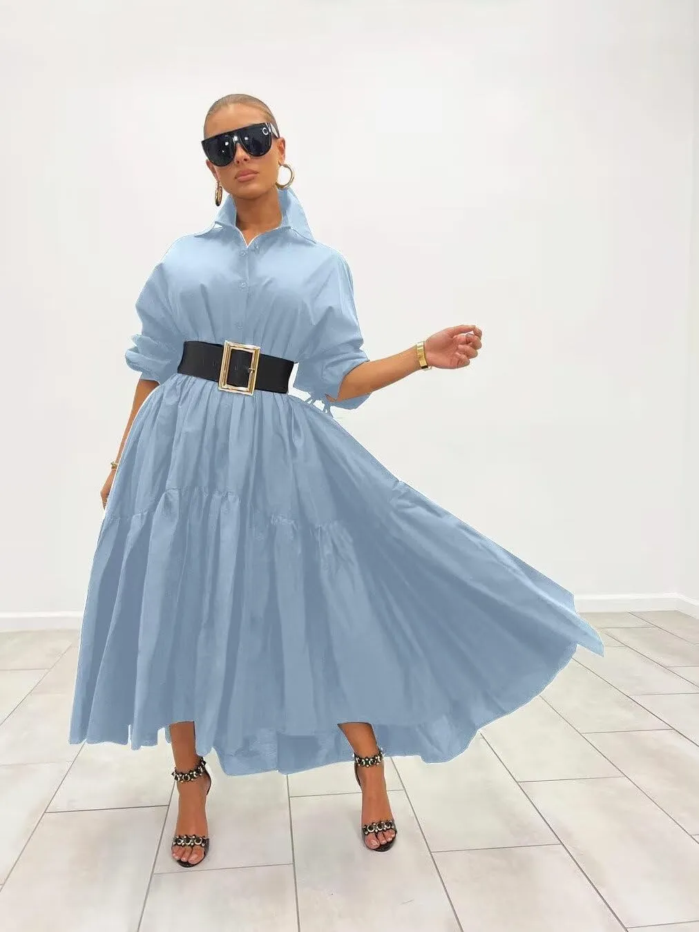 Women's Long Sleeve Maxi Shirt Dress Elegant Button Down Loose Swing Party Dress