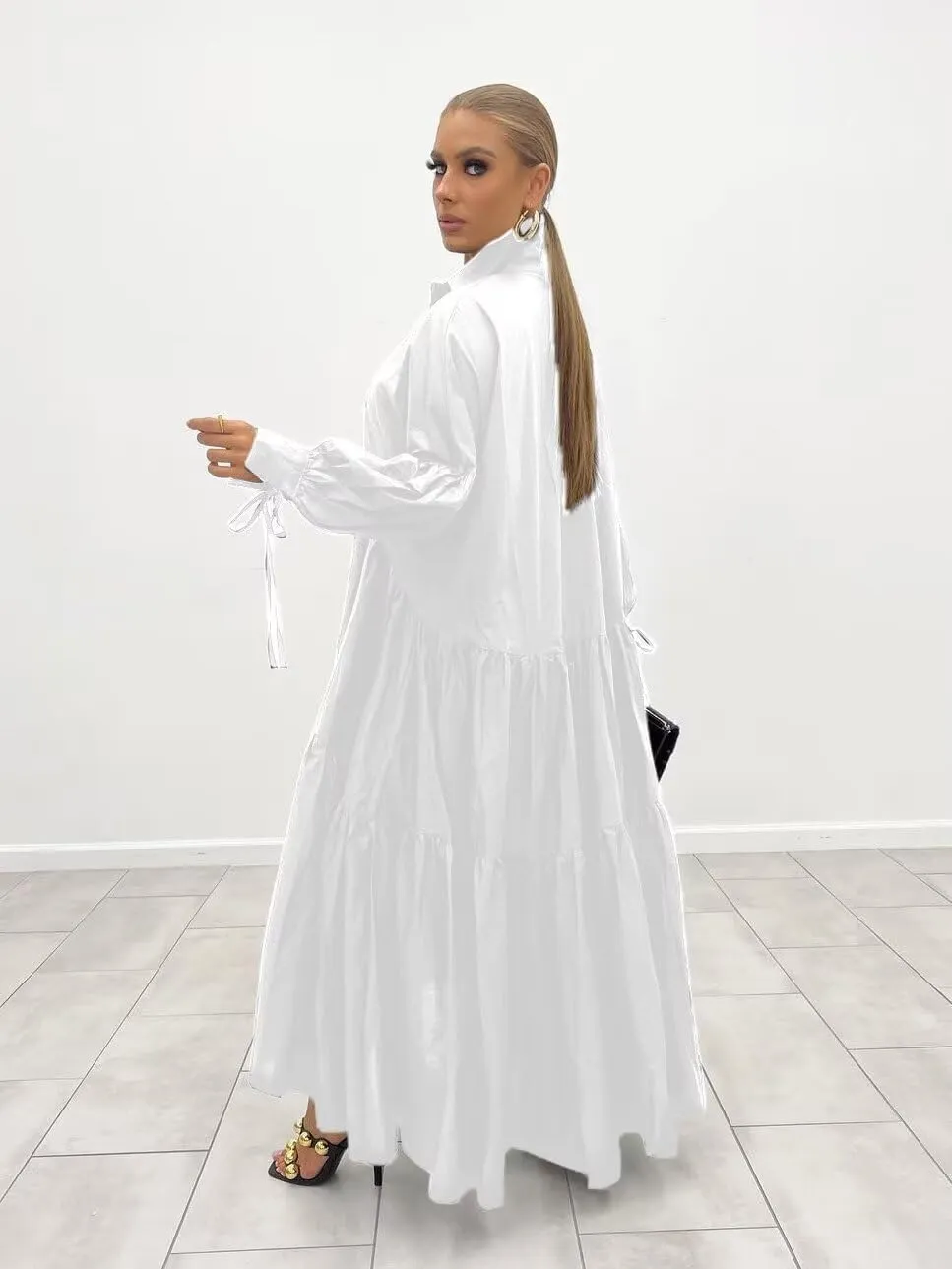 Women's Long Sleeve Maxi Shirt Dress Elegant Button Down Loose Swing Party Dress