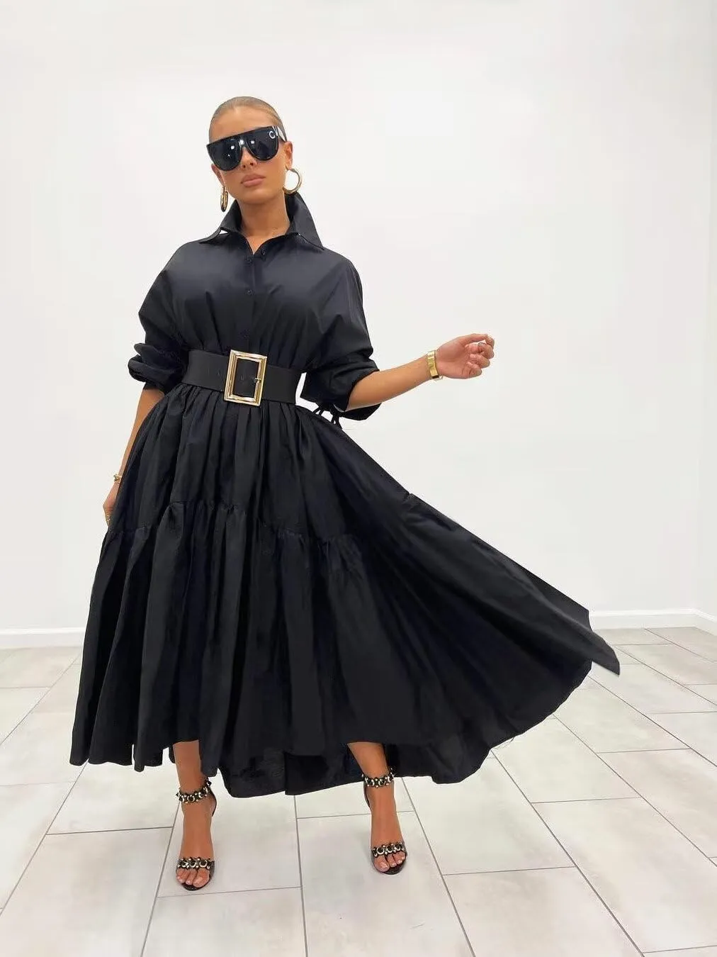Women's Long Sleeve Maxi Shirt Dress Elegant Button Down Loose Swing Party Dress