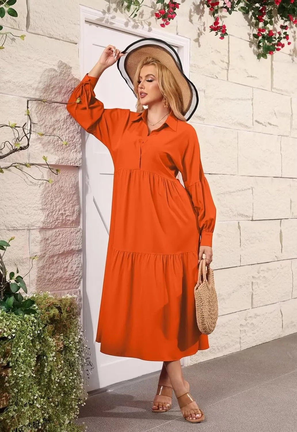 Women's Long Sleeve Maxi Shirt Dress Elegant Button Down Loose Swing Party Dress