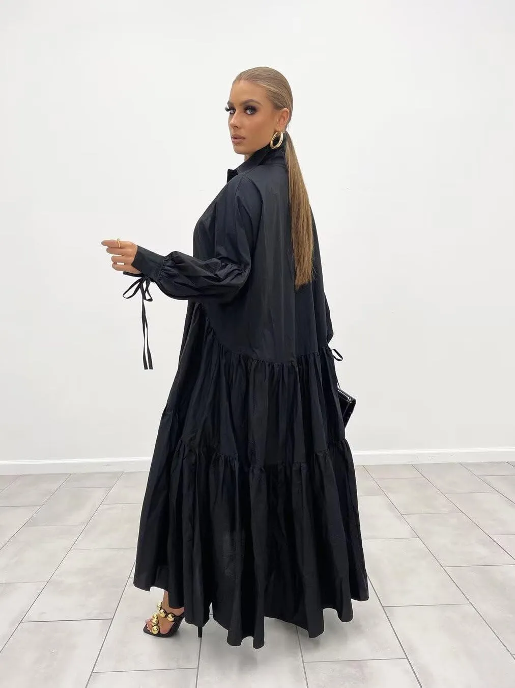 Women's Long Sleeve Maxi Shirt Dress Elegant Button Down Loose Swing Party Dress