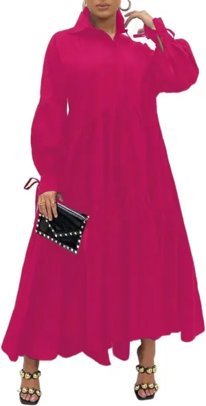Women's Long Sleeve Maxi Shirt Dress Elegant Button Down Loose Swing Party Dress
