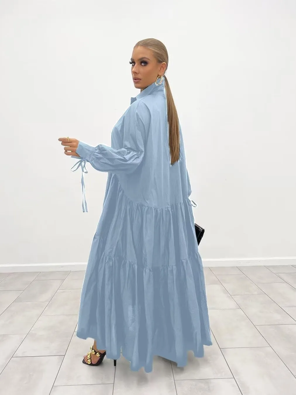 Women's Long Sleeve Maxi Shirt Dress Elegant Button Down Loose Swing Party Dress