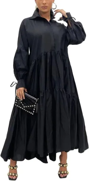 Women's Long Sleeve Maxi Shirt Dress Elegant Button Down Loose Swing Party Dress