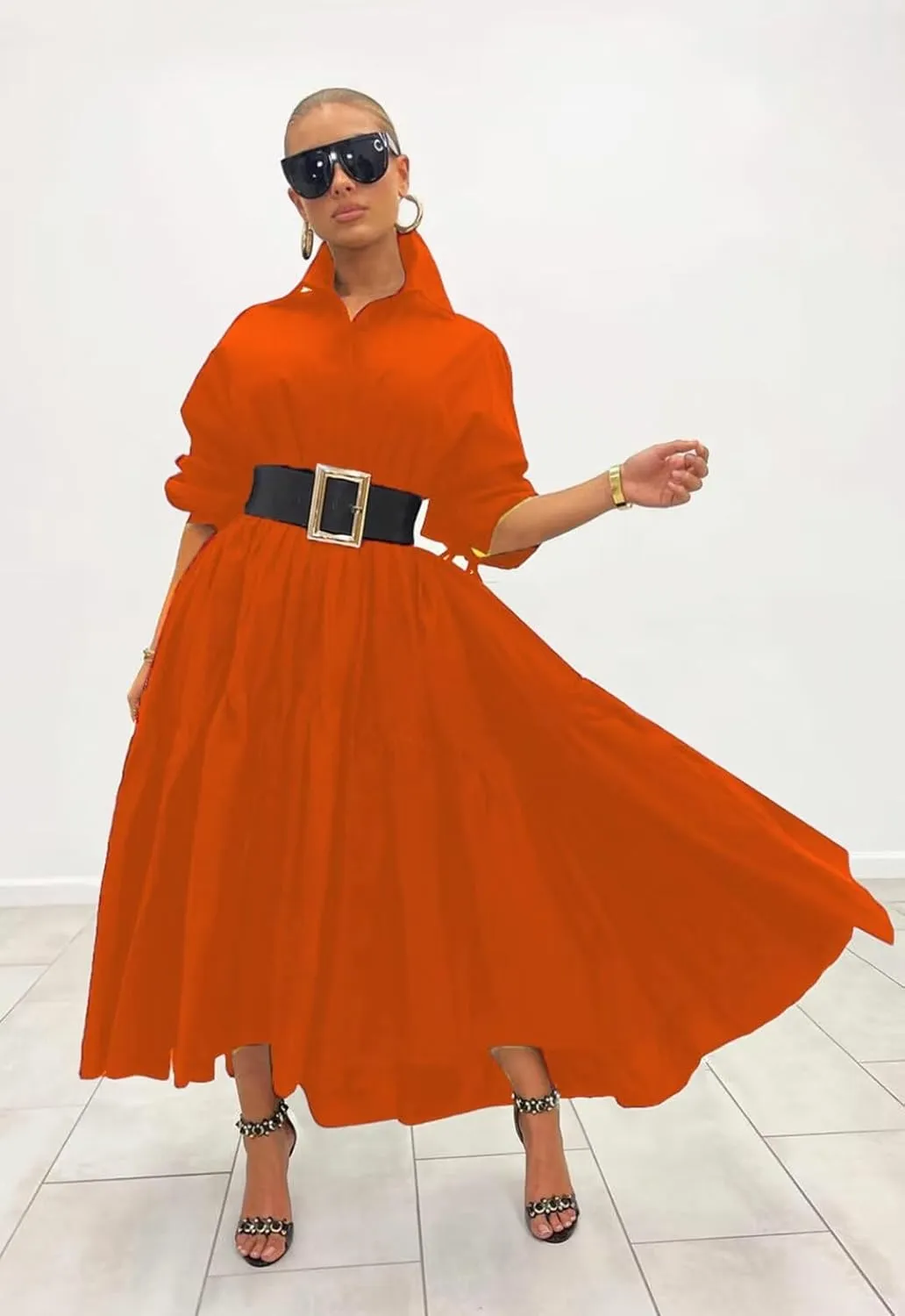 Women's Long Sleeve Maxi Shirt Dress Elegant Button Down Loose Swing Party Dress